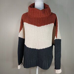POL OVERSIZED TURTLENECK SWEATER BOLD CHEVRON STRIPES FISHERMAN WOMENS MED